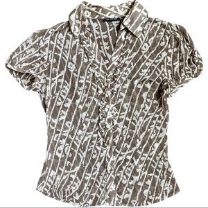 The Limited size small sheer brown & white button up blouse, high low, collared